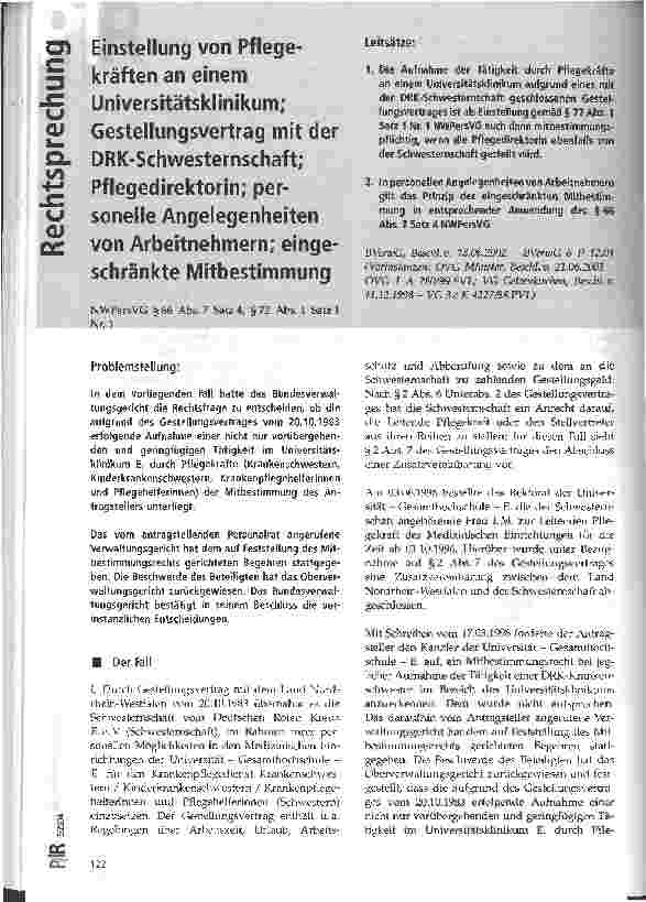 Vorschauseite 1: Einstellung von Pflegekräften an einem Universitätsklinikum; Gestellungsvertrag mit der DRK-Schwesternschaft; Pflegedirektorin; personelle Angelegenheiten von Arbeitnehmern; einge…