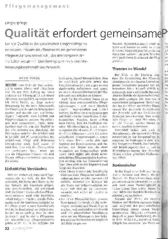 Vorschauseite 1: Qualität erfordert gemeinsames Pflegeverständnis