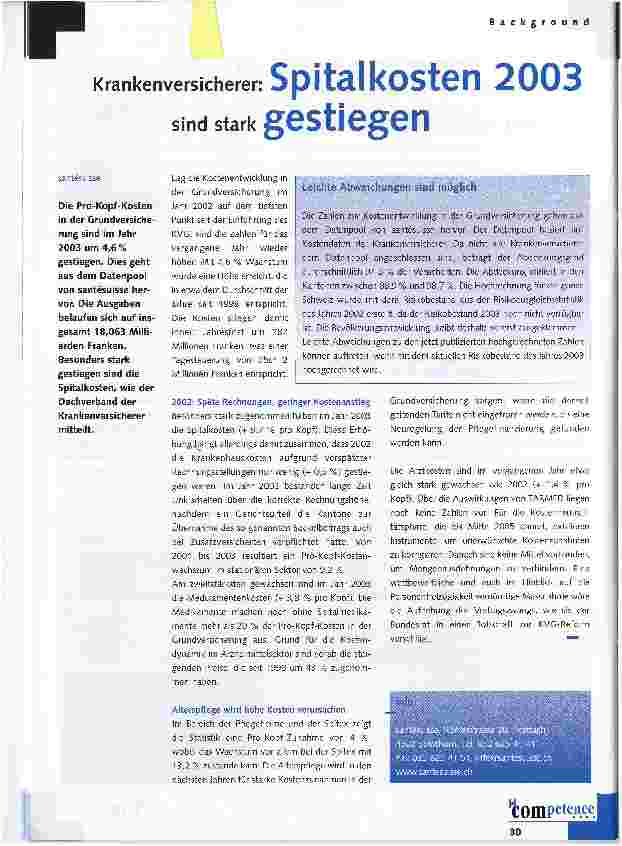 Vorschauseite 1: Krankenversicherer: Spitalkosten 2003 sind stark gestiegen