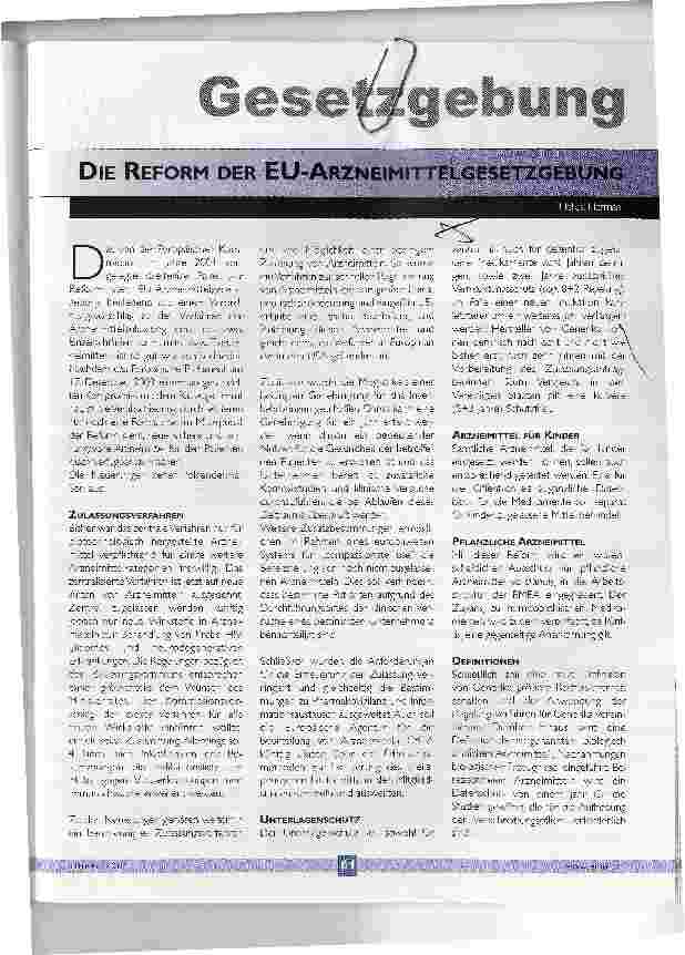Vorschauseite 1: DIE REFORM DER EU-ARZNEIMITTELGESETZGEBUNG