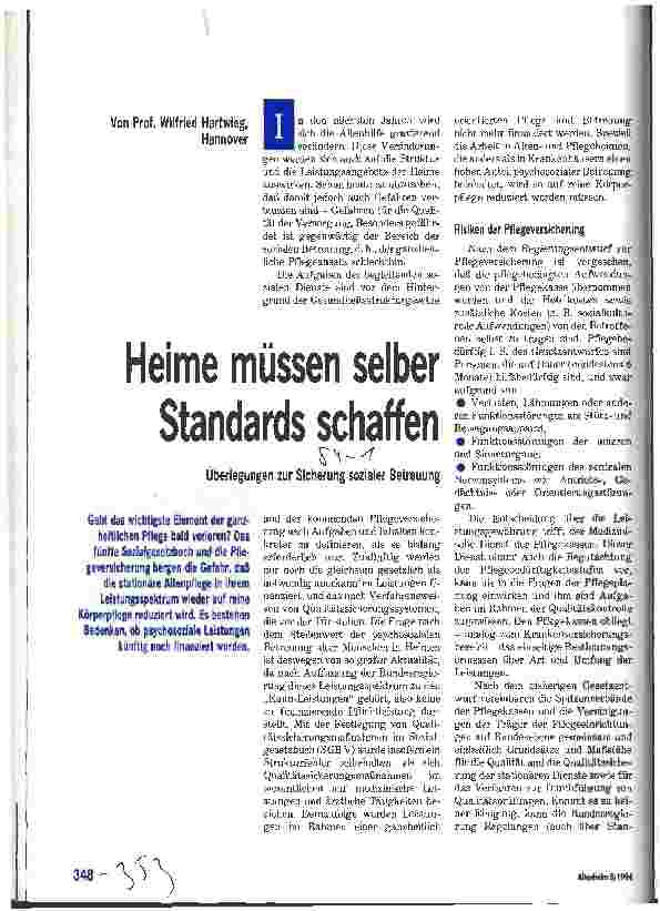 Vorschauseite 1: Heime müssen selber Standards schaffen Überlegungen zur Sicherung sozialer Betreuung