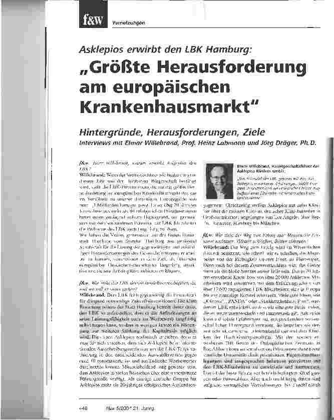 Vorschauseite 1: Asklepios erwirbt den LBK Hamburg:Größte Herausforderung am europäischen Krankenhausmarkt