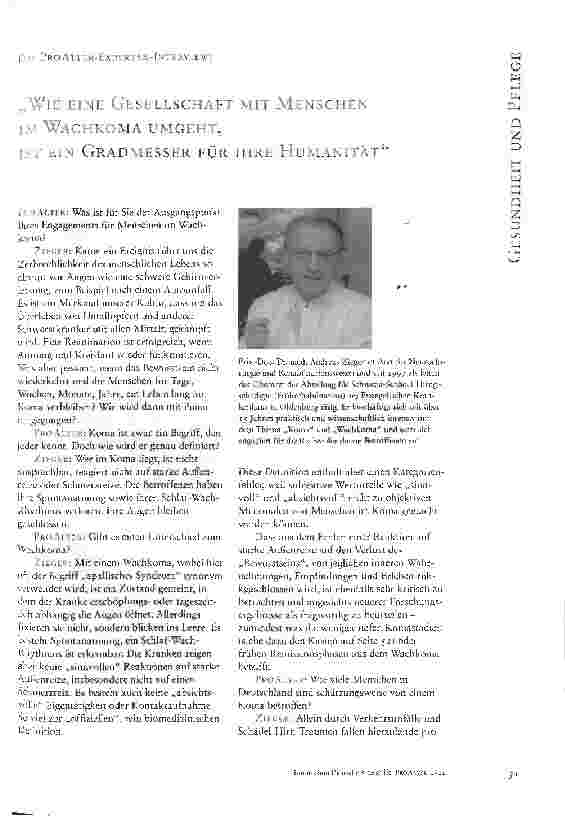 Vorschauseite 1: Wie eine Gesellschaft mit Menschen im Wachkoma umgeht, ist ein Gradmesser für ihre Humanität Das Pro Alter-Experten-Interview
