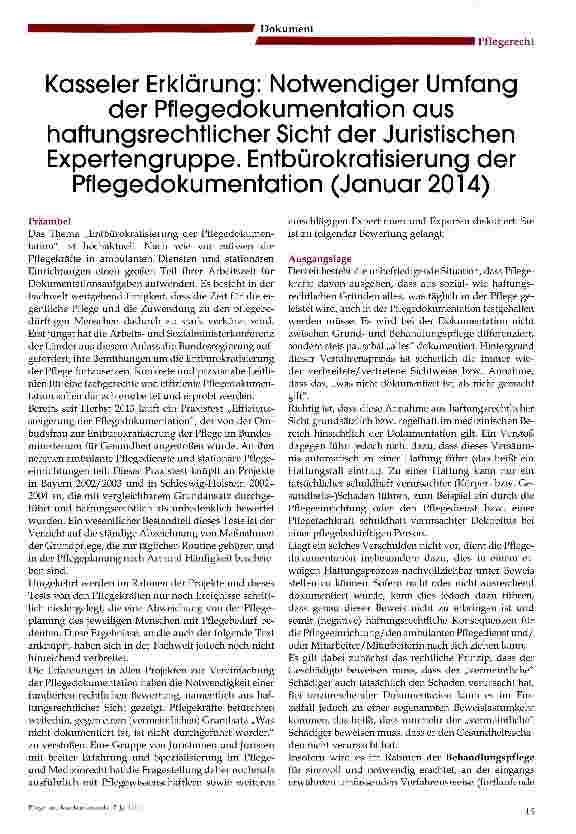 Vorschauseite 1: Kasseler Erklärung: Notwendiger Umfang der Pflegedokumentation aus haftungsrechtlicher Sicht der Juristischen Expertengruppe. Entbürokratisierung der Pflegedokumentation (Januar 2…