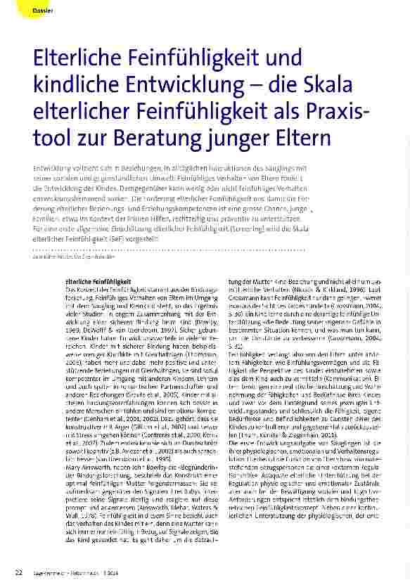 Vorschauseite 1: Elterliche Feinfühligkeit und kindliche Entwicklung - die Skala elterlicher Feinfühligkeit als Praxis tool zur Beratung junger Eltern