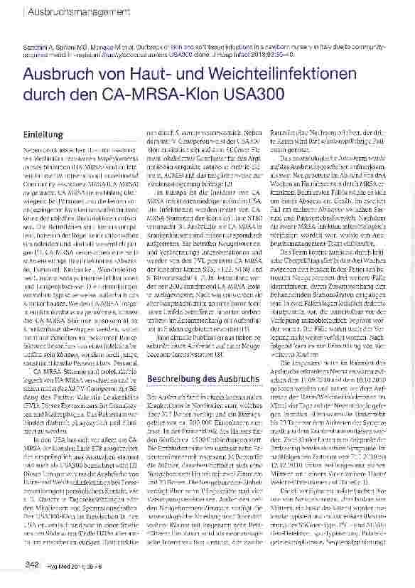 Vorschauseite 1: Ausbruch von Hautund Weichteilinfektionen durch den CA-MRSA-Klon USA300