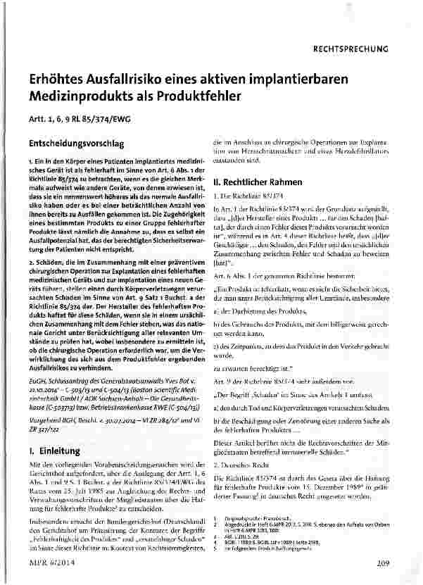 Vorschauseite 1: Erhöhtes Ausfallrisiko eines aktiven implantierbaren Medizinprodukts als ProduktfehlerArtt. 1, 6, 9 RL 85/374/EWG
