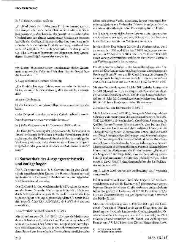 Vorschauseite 2: Erhöhtes Ausfallrisiko eines aktiven implantierbaren Medizinprodukts als ProduktfehlerArtt. 1, 6, 9 RL 85/374/EWG