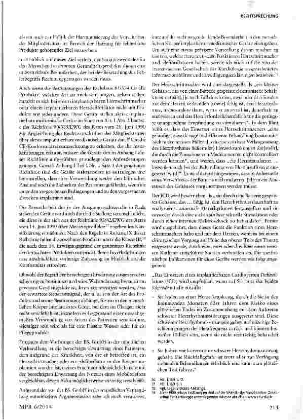 Vorschauseite 5: Erhöhtes Ausfallrisiko eines aktiven implantierbaren Medizinprodukts als ProduktfehlerArtt. 1, 6, 9 RL 85/374/EWG