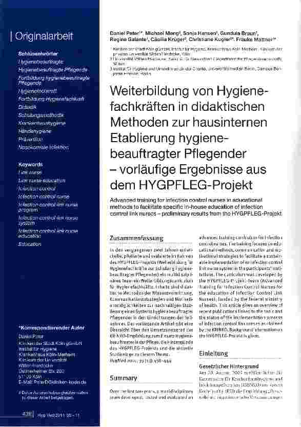 Vorschauseite 1: Weiterbildung von Hygiene-fachkräften in didaktischen Methoden zur hausinternen Etablierung hygienebeauftragter Pflegender - vorläufige Ergebnisse aus dem HYGPFLEG-Projekt