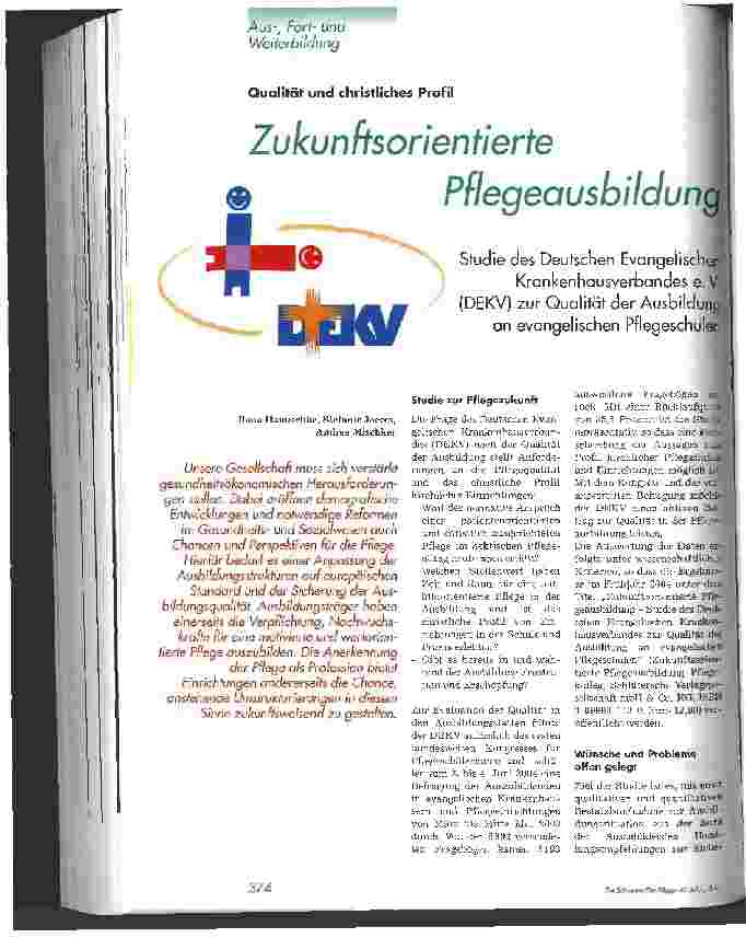 Vorschauseite 1: Zukunftsorientierte Pflegeausbildung - Studie des Deutschen Evangelischen Krankenhausverbandes e.V. (DEKV) zur Qualität der Ausbildung an evangelischen Pflegeschulen Qualität und…
