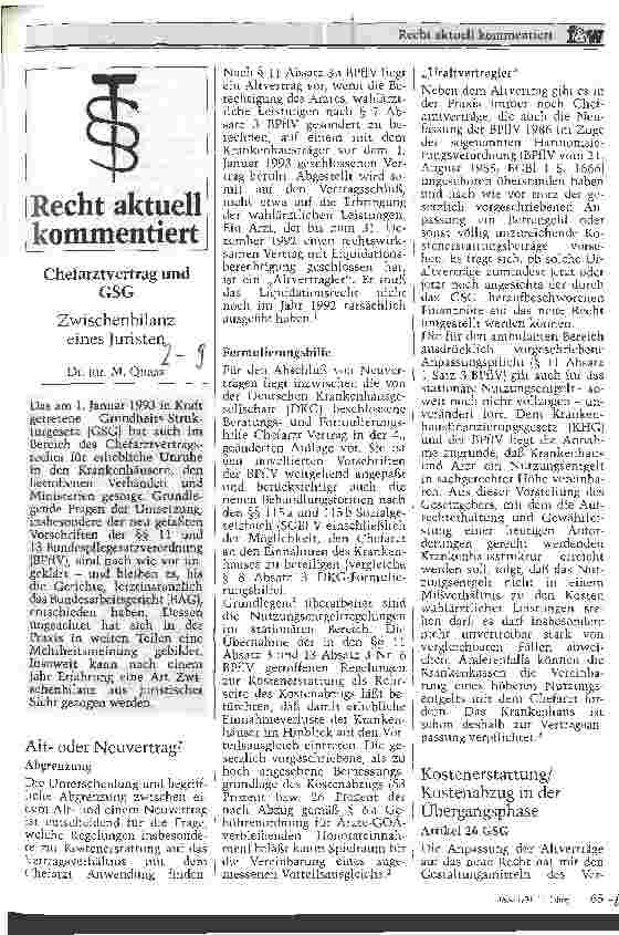 Vorschauseite 1: Chefarztvertrag und GesundheitsStrukturGesetz Zwischenbilanz eines Juristen