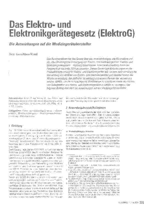 Vorschauseite 1: Das Elektround Elektronikgerätegesetz (ElektroG)Die Auswirkungen auf die Medizingerätehersteller