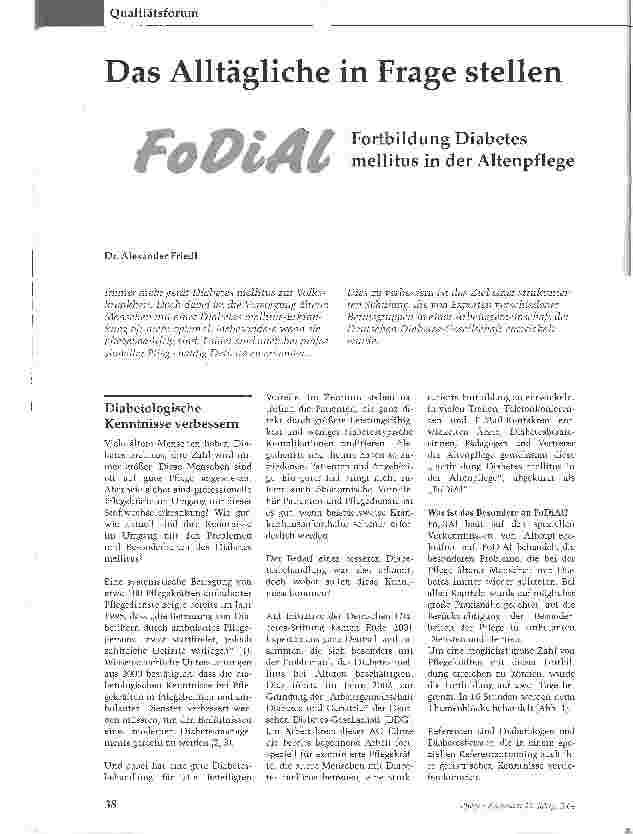 Vorschauseite 1: Das Alltägliche in Frage stellenFortbildung Diabetes mellitus in der Altenpflege