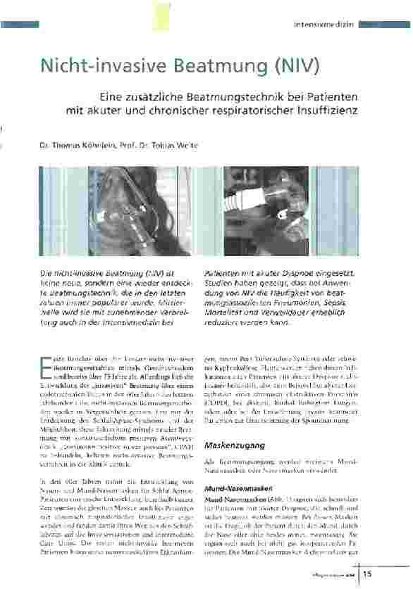 Vorschauseite 1: Nicht-invasive Beatmung (NIV)Eine zusätzliche Beatmungstechnik bei Patienten mit akuter und chronischer respiratorischer Insuffizienz