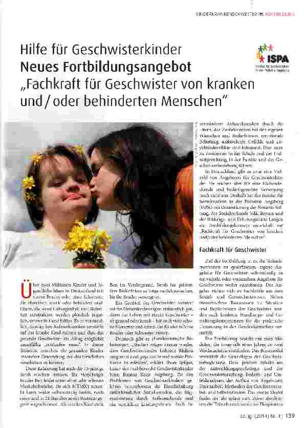 Vorschauseite 1: Hilfe für Geschwisterkinder Neues Fortbildungsangebot„Fachkraft für Geschwister von kranken und/oder behinderten Menschen