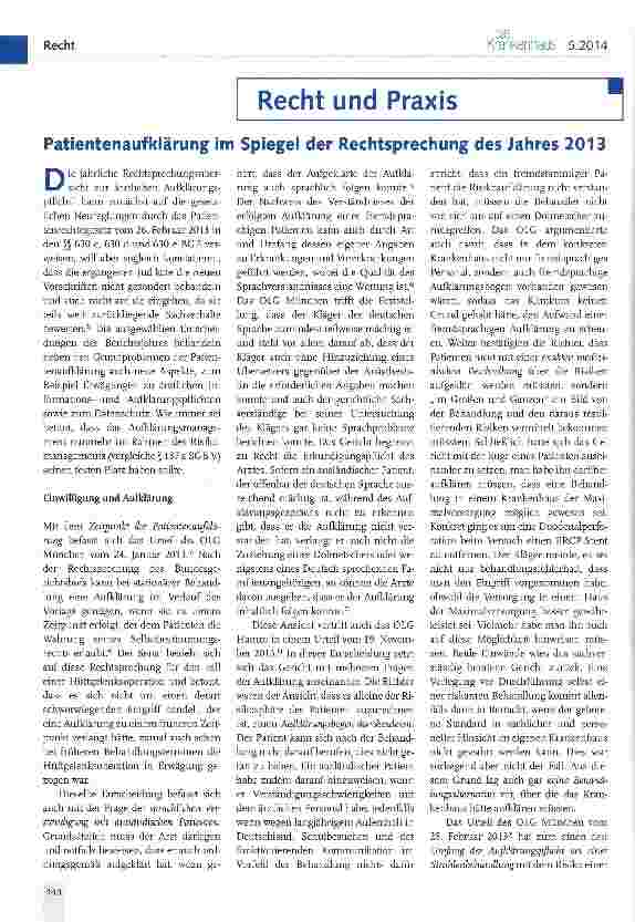 Vorschauseite 1: Patientenaufklärung im Spiegel der Rechtsprechung des Jahres 2013