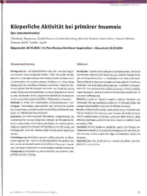 Vorschauseite 1: Körperliche Aktivität bei primärer Insomnie