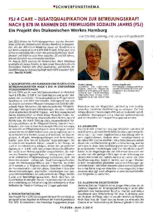 Vorschauseite 1: FSJ 4 CARE - ZUSATZQUALIFIKATION ZUR BETREUUNGSKRAFT NACH § 87B IM RAHMEN DES FREIWILLIGEN SOZIALEN JAHRES (FSJ) Ein Projekt des Diakonischen Werkes Hamburg