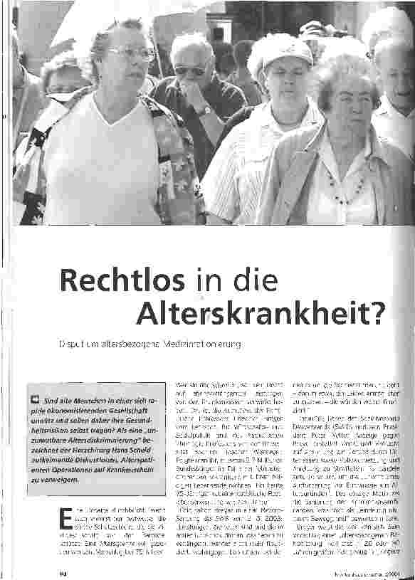 Vorschauseite 1: Rechtlos in die Alterskrankheit? Disput um altersbezogene Medizinrationierung