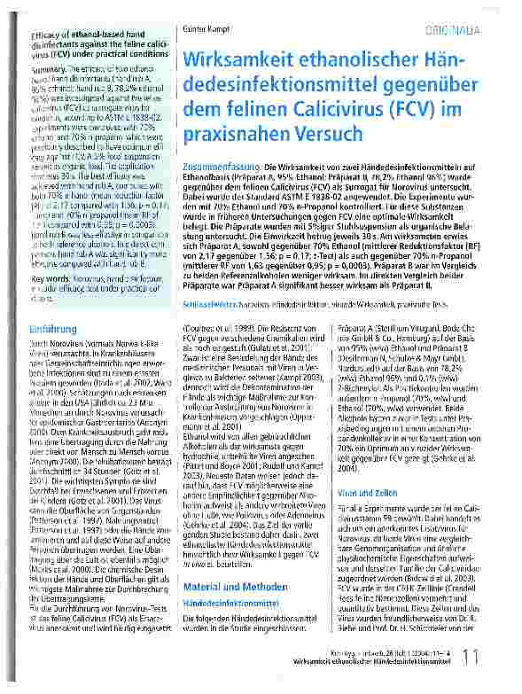 Vorschauseite 1: Wirksamkeit ethanolischer Händedesinfektionsmittel gegenüber dem felinen Calicivirus (FCV) im praxisnahen Versuch