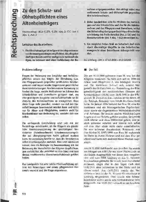 Vorschauseite 1: Zu den Schutzund Obhutspflichten eines Altenheimträgers LG Limburg, Urteil vom 17. 02. 2004