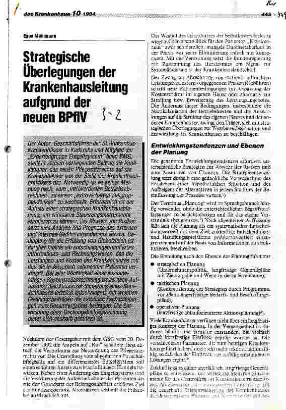 Vorschauseite 1: Strategische Überlegungen der Krankenhausleitung aufgrund der neuen BPlfV
