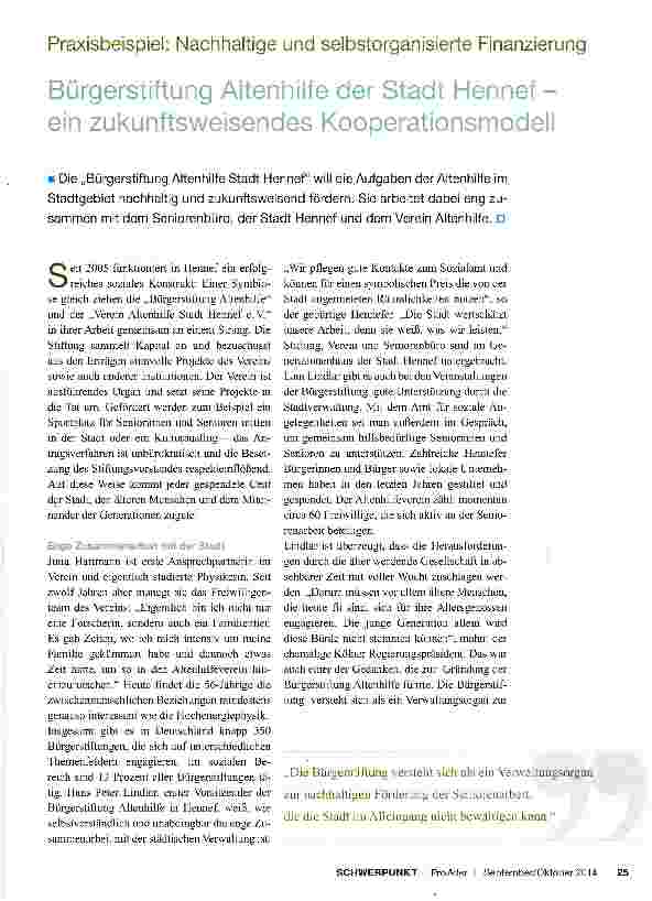 Vorschauseite 1: Bürgerstiftung Altenhilfe der Stadt Hennef -ein zukunftsweisendes Kooperationsmodell