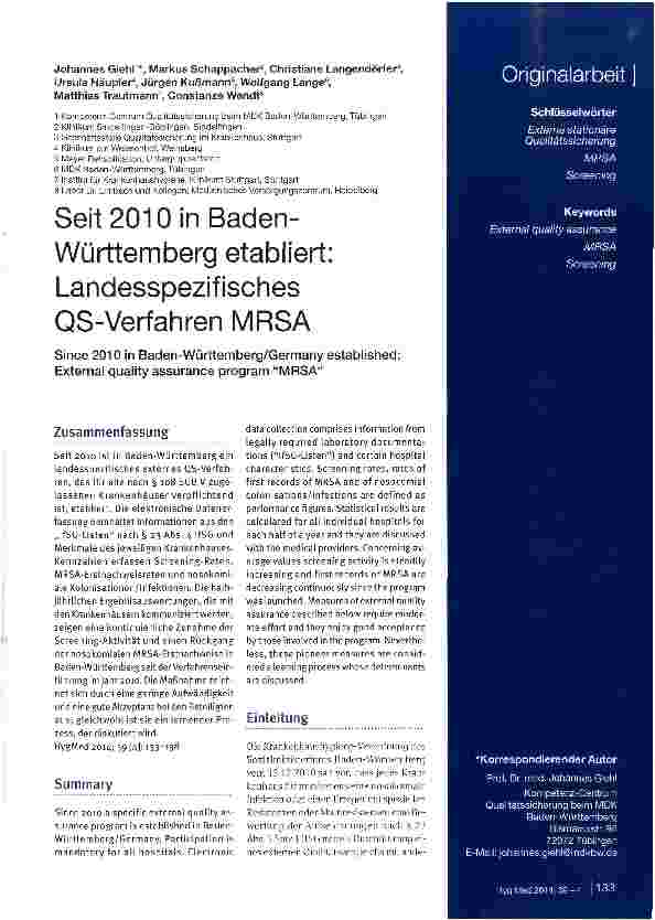 Vorschauseite 1: Seit 2010 in Baden-Württemberg etabliert: Landesspezifisches QS-Verfahren MRSA