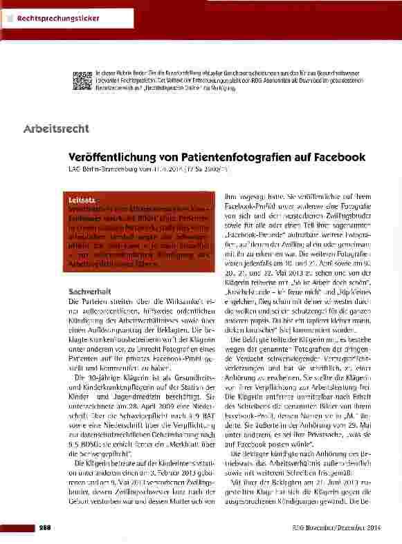 Vorschauseite 1: Veröffentlichung von Patientenfotografien auf Facebook LAG Berlin-Brandenburg vom 11.4.2014 (17 Sa 2200/13)