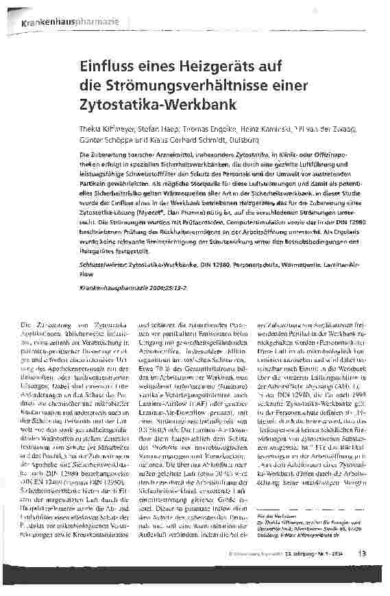 Vorschauseite 1: Einfluss eines Heizgeräts auf die Strömungsverhältnisse einer Zytostatika-Werkbank