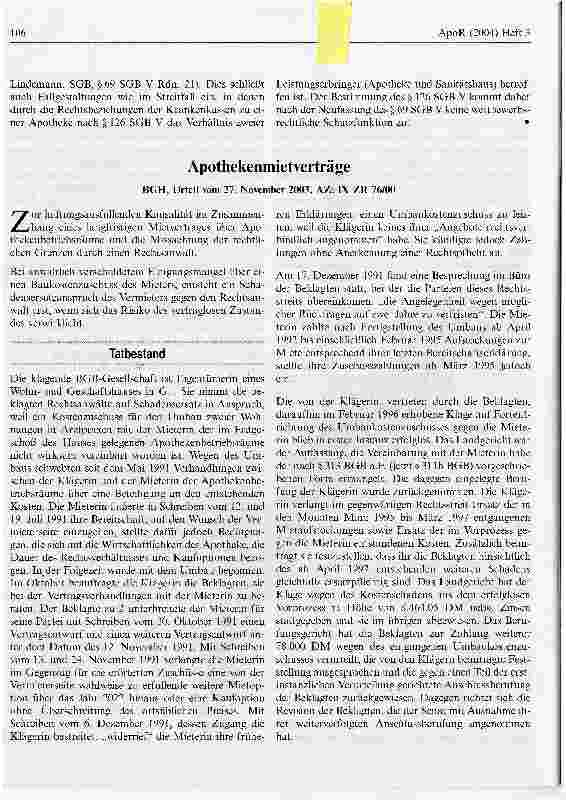 Vorschauseite 1: ApothekenmietverträgeBGH, Urteil vom 27. November 2003, AZ: IX ZR 76/00