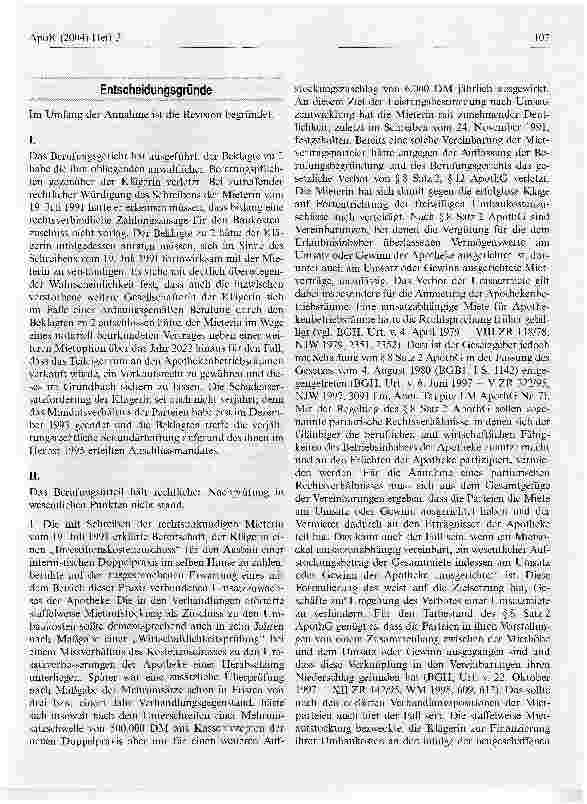 Vorschauseite 2: ApothekenmietverträgeBGH, Urteil vom 27. November 2003, AZ: IX ZR 76/00