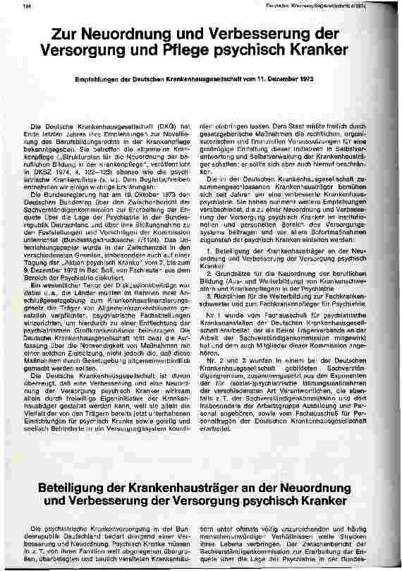 Vorschauseite 1: Zur Neuordnung und Verbesserung der Versorgung und Pflege psychisch Kranker
