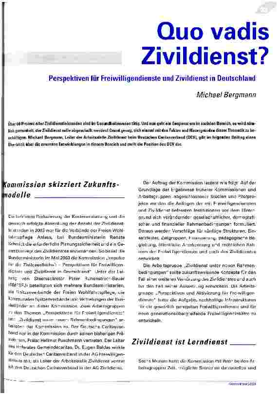 Vorschauseite 1: Quo vadis Zivildienst? Perspektiven für Freiwilligkeitsdienste in Deutschland