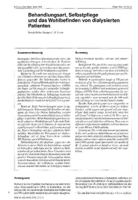 Vorschauseite 1: Behandlungsart, Selbstpflege und das Wohlbefinden von dialysierten Patienten