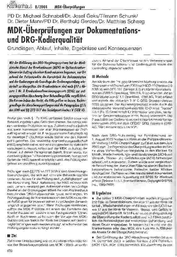 Vorschauseite 1: MDK-Uberprüfungen zur Dokumentationsund DRG-KodierqualitätGrundlagen, Ablauf, Inhalte, Ergebnisse und Konsequenzen