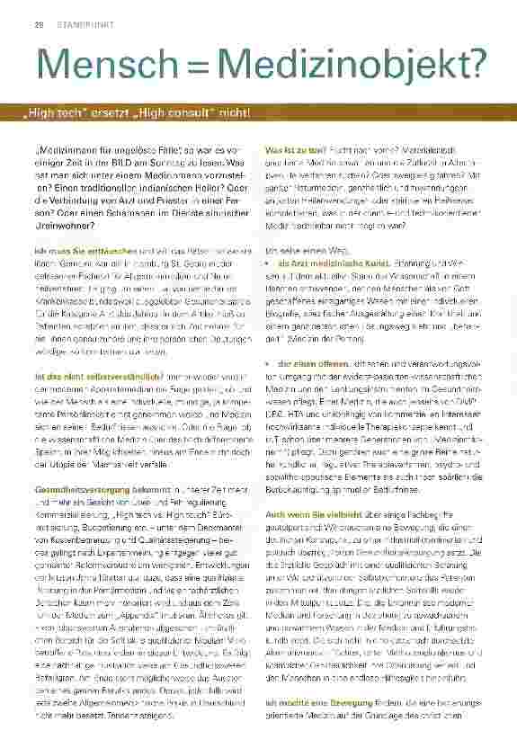 Vorschauseite 1: Mensch = Medizinobjekt?High tech ersetzt „High consult nicht!