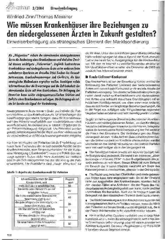 Vorschauseite 1: Wie müssen Krankenhäuser ihre Beziehungen zu den niedergelassenen Ärzten in Zukunft gestalten? Einweiserbefragung als strategisches Element der Marktsondierung