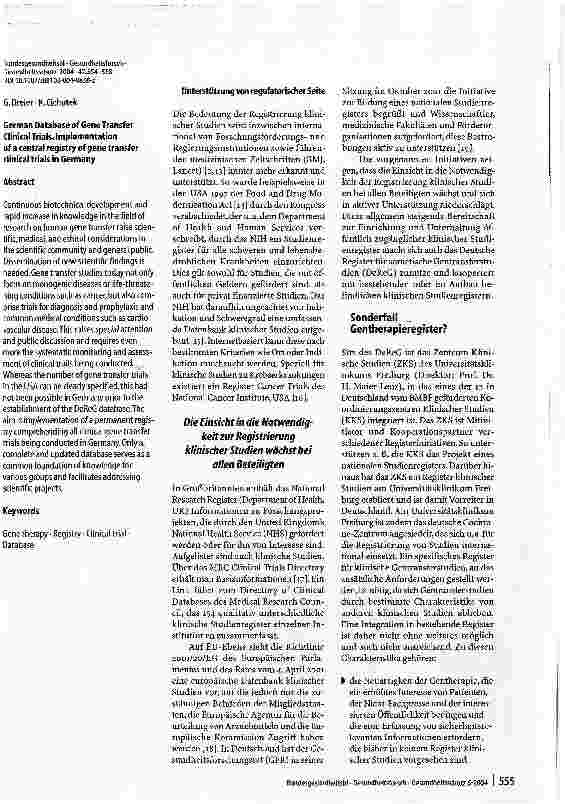 Vorschauseite 2: Das Deutsche Register für somatische Gentransferstudien - DeReGEinrichtung eines zentralen Registers klinischer Gentransferstudien in Deutschland