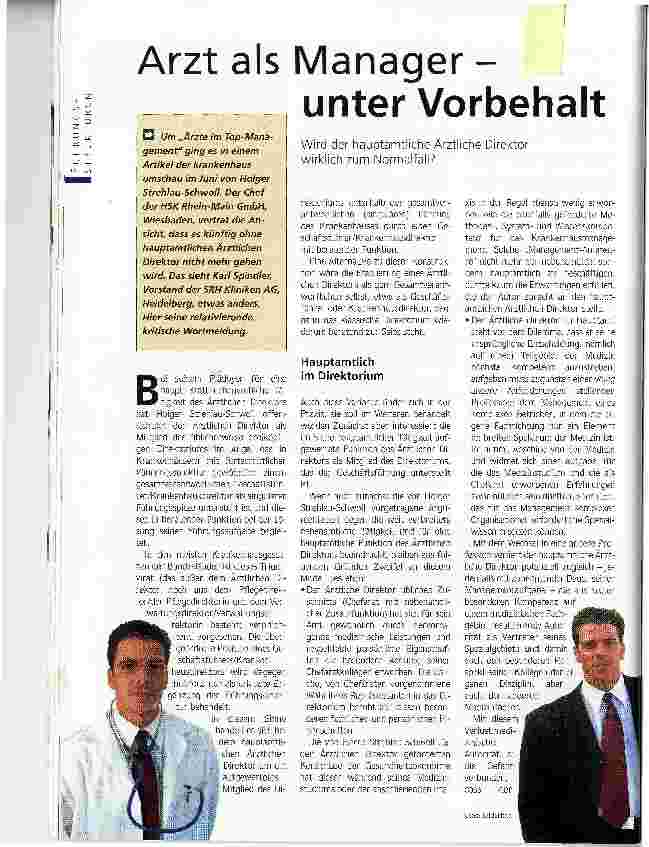 Vorschauseite 1: Arzt als Manager - unter VorbehaltWird der hauptamtliche Ärztliche Direktor wirklich zum Normalfall?