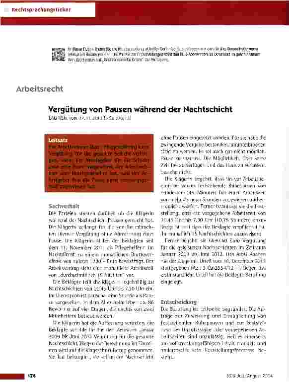 Vorschauseite 1: Vergütung von Pausen während der Nachtschicht LAG Köln vom 27.11.2013 (5 Sa 376/13)