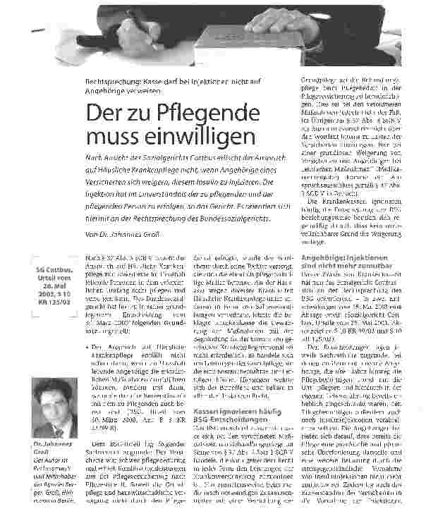 Vorschauseite 1: Der zu Pflegende muss einwilligenRechtsprechung: Kasse darf bei Injektionen nicht auf Angehörige verweisen