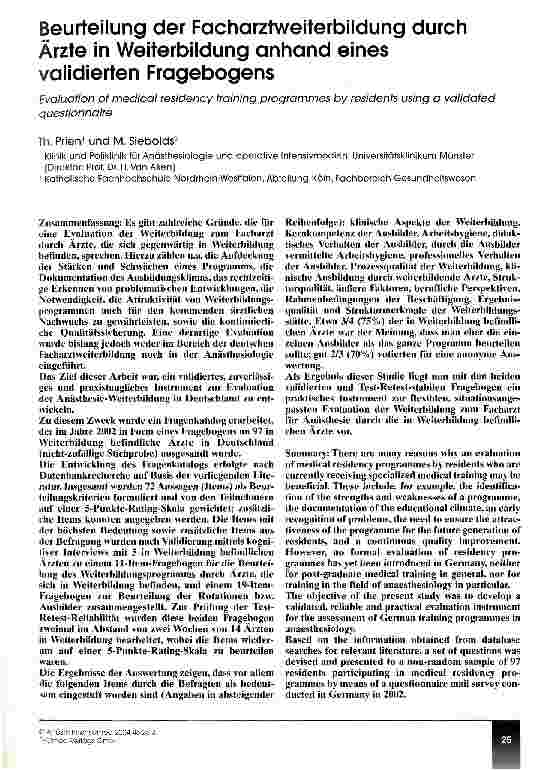 Vorschauseite 1: Beurteilung der Facharztweiterbildung durch Ärzte in Weiterbildung anhand eines validierten Fragebogens