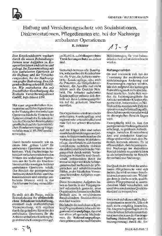 Vorschauseite 1: Haftung und Versicherungsschutz von Sozialstationen, Diakoniestationen, Pflegediensten etc. bei der Nachsorge ambulanter Operationen