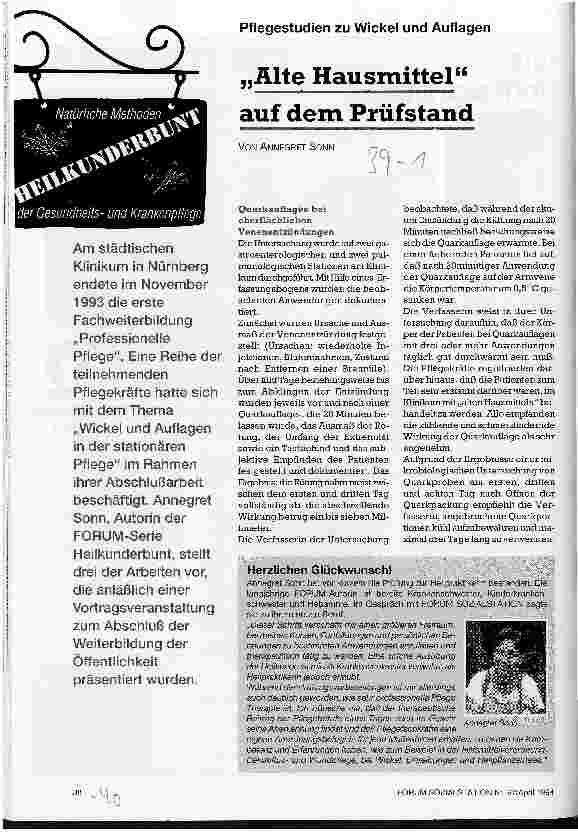 Vorschauseite 1: Alte Hausmittel auf dem Prüfstand Pflegestudien zu Wickel und Auflagen