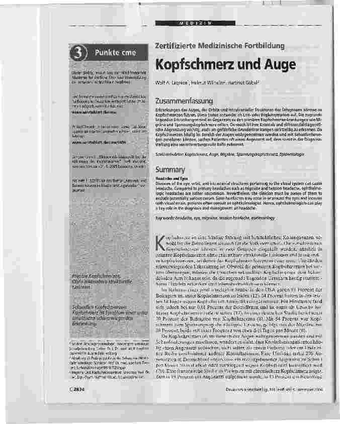 Vorschauseite 1: Zertifizierte Medizinische Fortbildung. Kopfschmerz und Auge