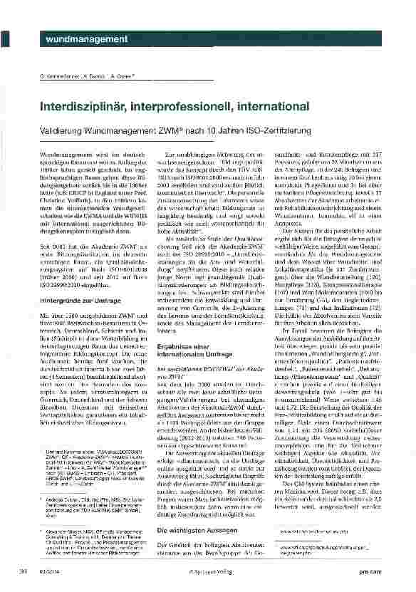 Vorschauseite 1: Interdisziplinär, interprofessionell, internationalValidierung Wundmanagement ZWM® nach 10 Jahren ISO-Zertifzierung