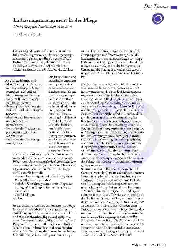 Vorschauseite 1: Entlassungsmanagement in der PflegeUmsetzung des Nationalen Standard