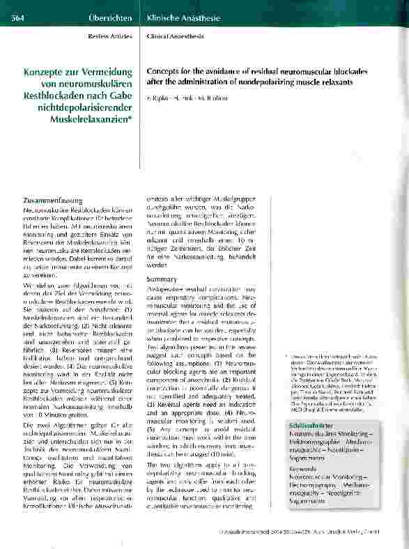 Vorschauseite 1: Konzepte zur Vermeidung von neuromuskulären Restblockaden nach Gabe nicht depolarisierender Muskelrelaxanzien